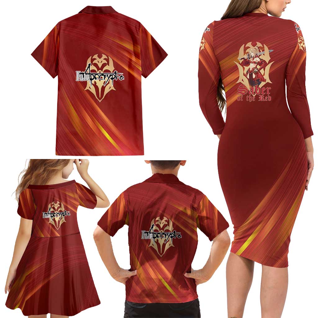 Saber of Red Fate Apocrypha Theme Family Matching Long Sleeve Bodycon Dress and Hawaiian Shirt with Sword Pose and Fiery Red Gradient Graphic Design