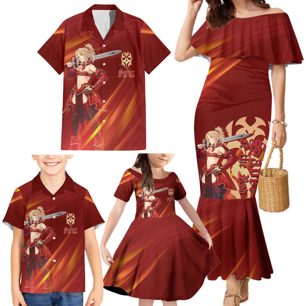 Saber of Red Fate Apocrypha Theme Family Matching Mermaid Dress and Hawaiian Shirt with Sword Pose and Fiery Red Gradient Graphic Design
