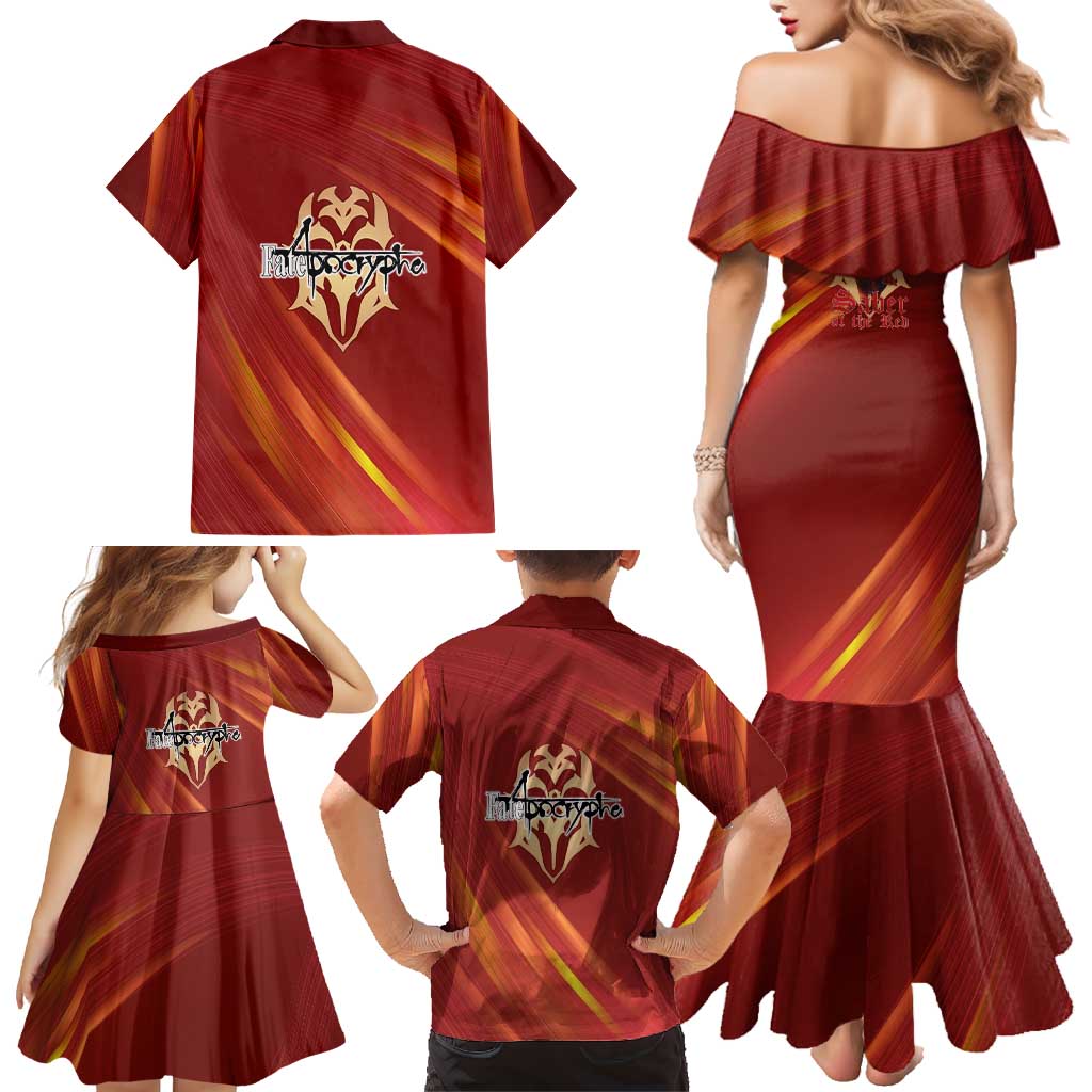 Saber of Red Fate Apocrypha Theme Family Matching Mermaid Dress and Hawaiian Shirt with Sword Pose and Fiery Red Gradient Graphic Design
