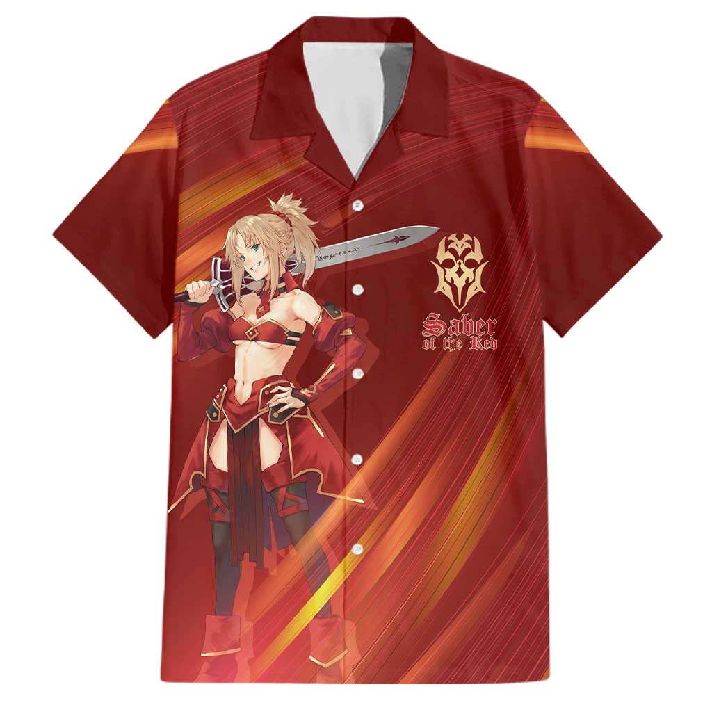Saber of Red Fate Apocrypha Theme Family Matching Mermaid Dress and Hawaiian Shirt with Sword Pose and Fiery Red Gradient Graphic Design