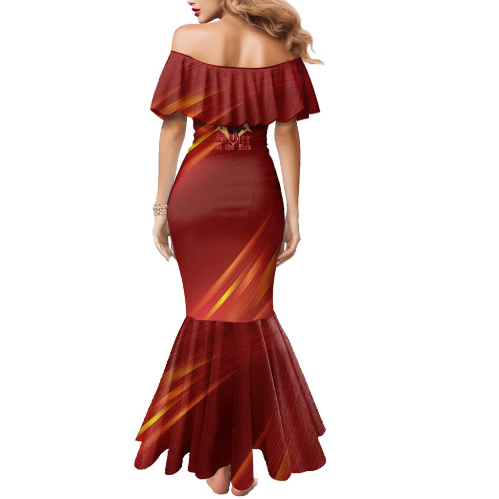 Saber of Red Fate Apocrypha Theme Family Matching Mermaid Dress and Hawaiian Shirt with Sword Pose and Fiery Red Gradient Graphic Design