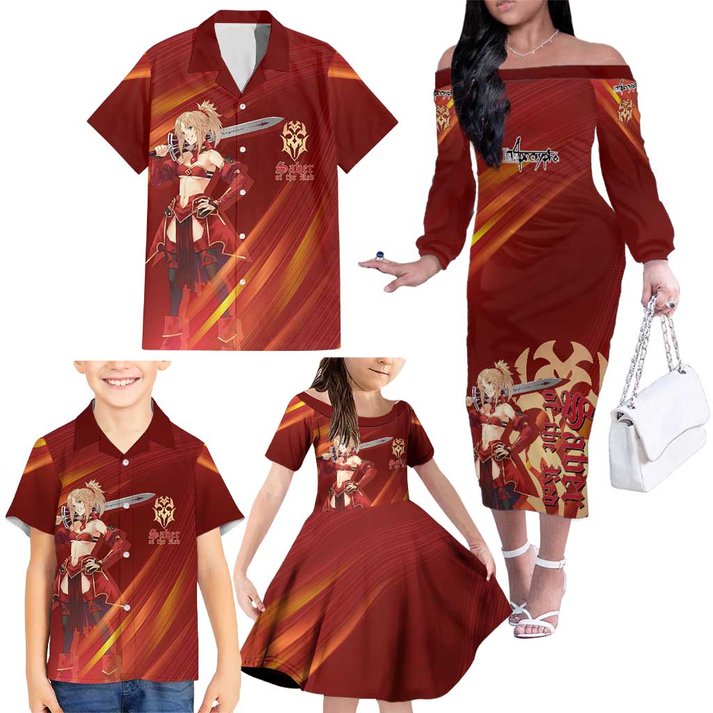 Saber of Red Fate Apocrypha Theme Family Matching Off The Shoulder Long Sleeve Dress and Hawaiian Shirt with Sword Pose and Fiery Red Gradient Graphic Design