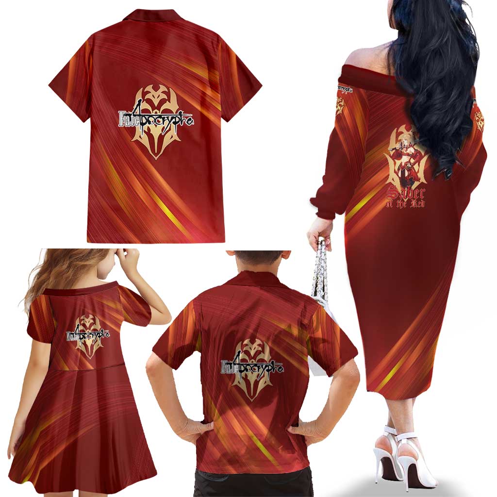 Saber of Red Fate Apocrypha Theme Family Matching Off The Shoulder Long Sleeve Dress and Hawaiian Shirt with Sword Pose and Fiery Red Gradient Graphic Design