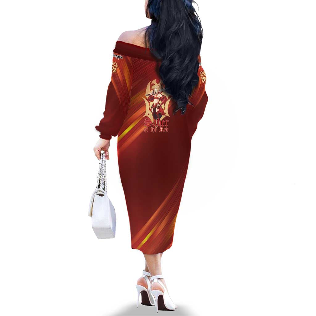 Saber of Red Fate Apocrypha Theme Family Matching Off The Shoulder Long Sleeve Dress and Hawaiian Shirt with Sword Pose and Fiery Red Gradient Graphic Design