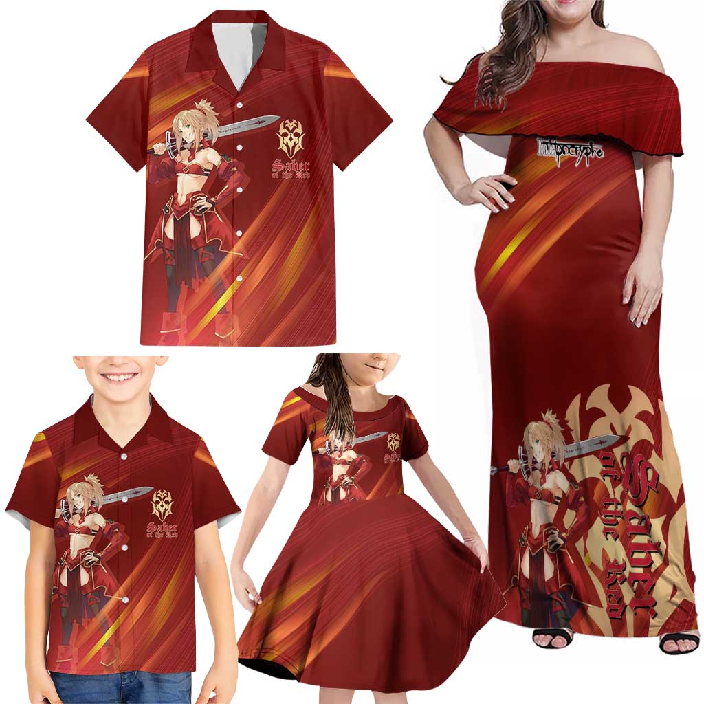 Saber of Red Fate Apocrypha Theme Family Matching Off Shoulder Maxi Dress and Hawaiian Shirt with Sword Pose and Fiery Red Gradient Graphic Design