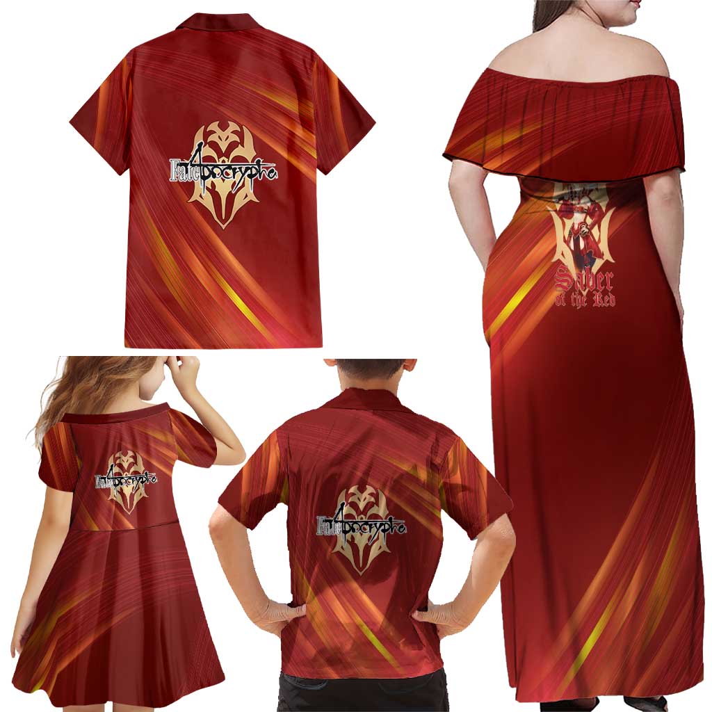 Saber of Red Fate Apocrypha Theme Family Matching Off Shoulder Maxi Dress and Hawaiian Shirt with Sword Pose and Fiery Red Gradient Graphic Design