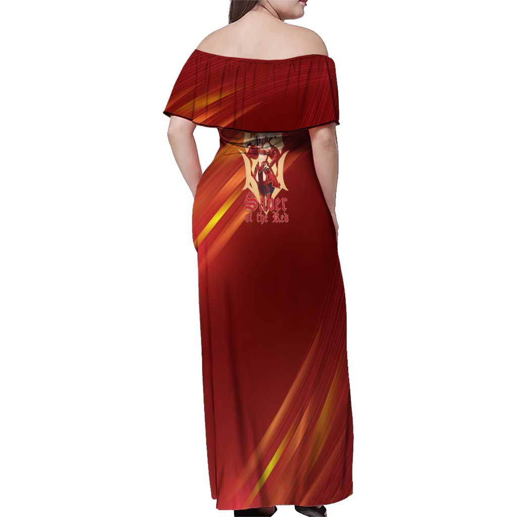 Saber of Red Fate Apocrypha Theme Family Matching Off Shoulder Maxi Dress and Hawaiian Shirt with Sword Pose and Fiery Red Gradient Graphic Design