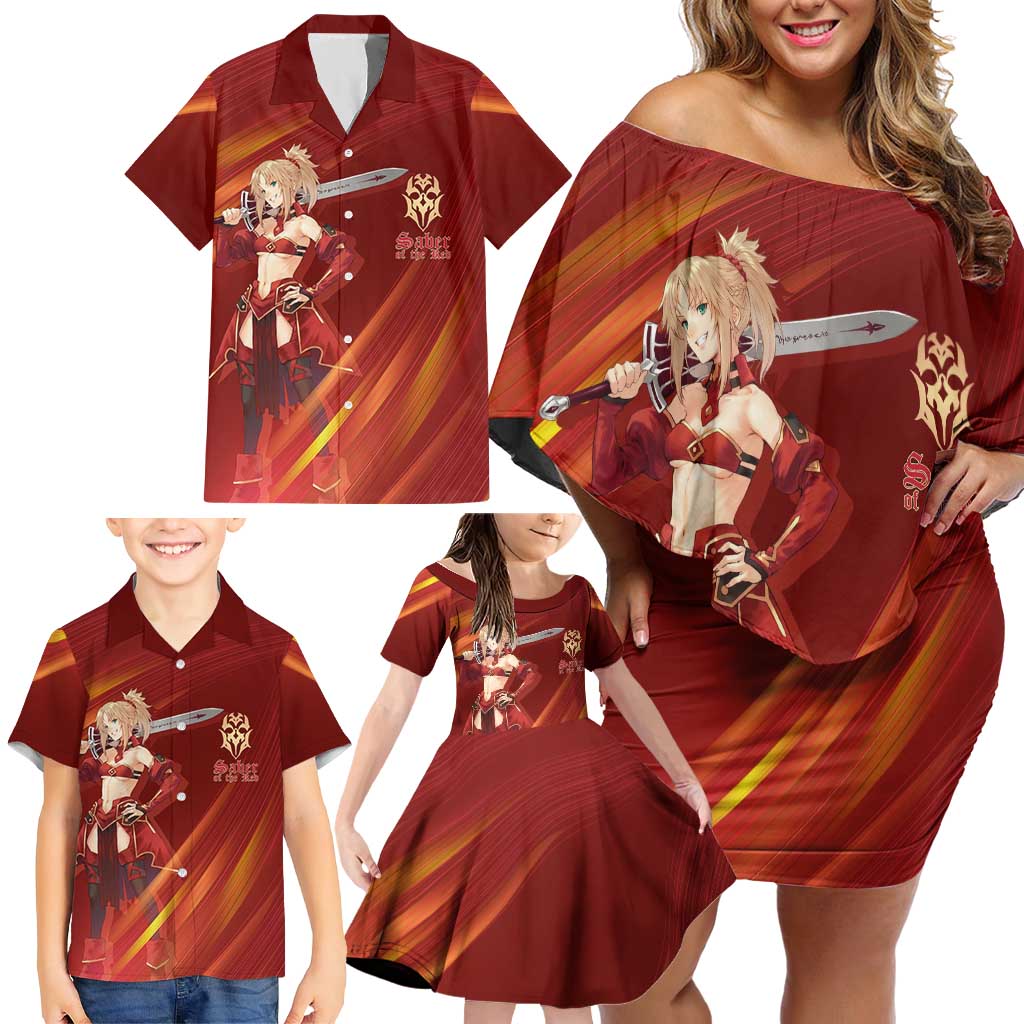 Saber of Red Fate Apocrypha Theme Family Matching Off Shoulder Short Dress and Hawaiian Shirt with Sword Pose and Fiery Red Gradient Graphic Design