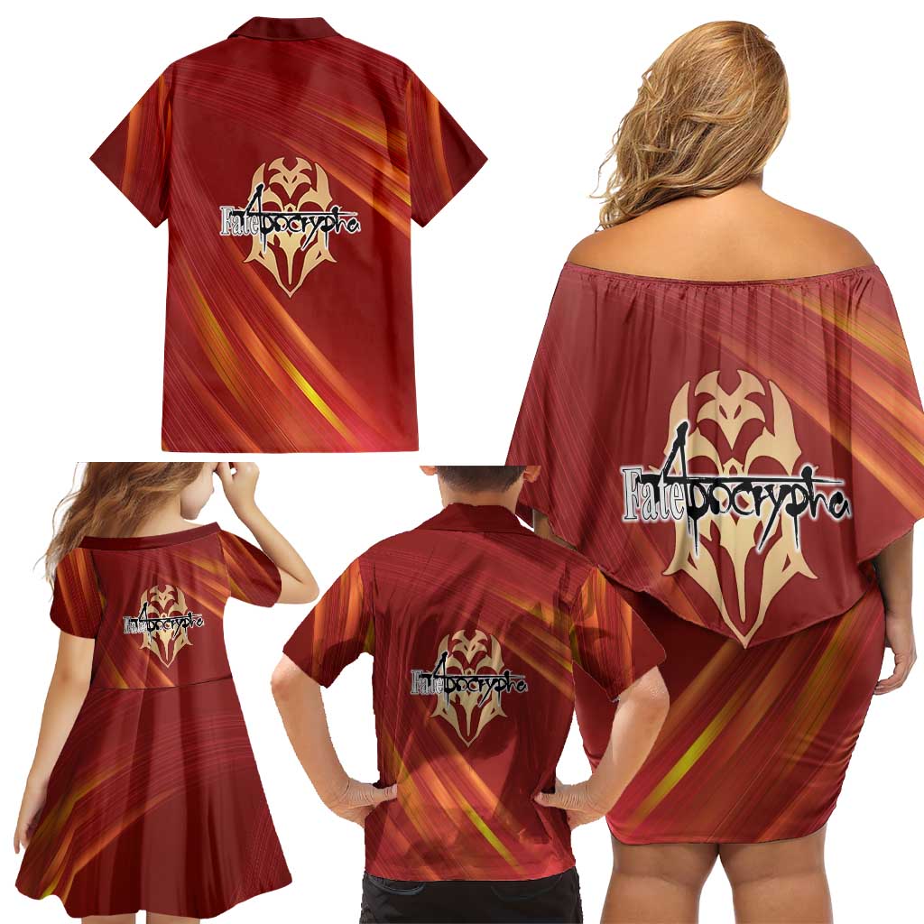 Saber of Red Fate Apocrypha Theme Family Matching Off Shoulder Short Dress and Hawaiian Shirt with Sword Pose and Fiery Red Gradient Graphic Design