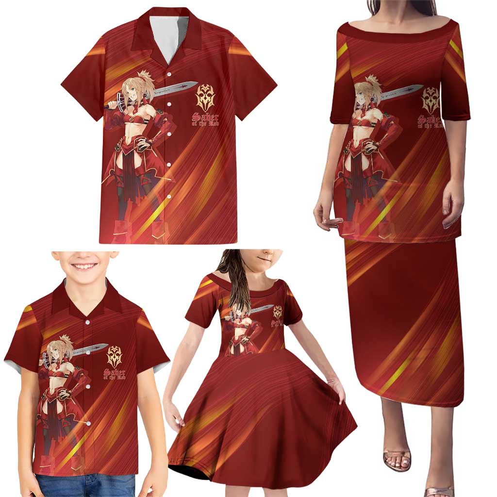 Saber of Red Fate Apocrypha Theme Family Matching Puletasi and Hawaiian Shirt with Sword Pose and Fiery Red Gradient Graphic Design