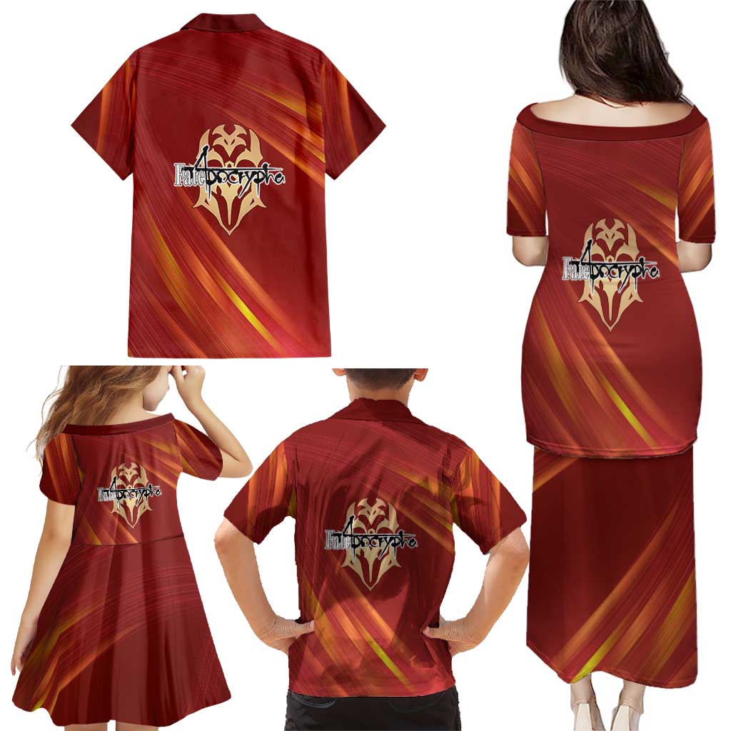 Saber of Red Fate Apocrypha Theme Family Matching Puletasi and Hawaiian Shirt with Sword Pose and Fiery Red Gradient Graphic Design