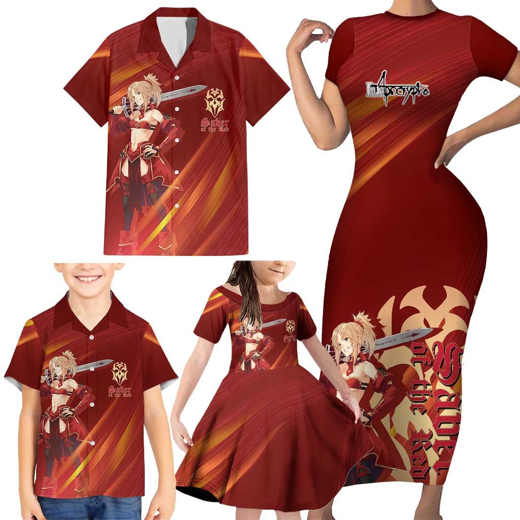 Saber of Red Fate Apocrypha Theme Family Matching Short Sleeve Bodycon Dress and Hawaiian Shirt with Sword Pose and Fiery Red Gradient Graphic Design