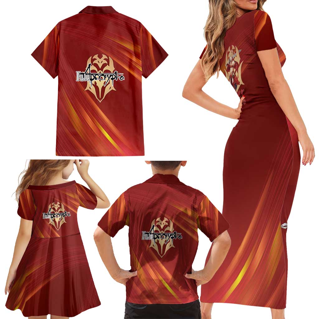 Saber of Red Fate Apocrypha Theme Family Matching Short Sleeve Bodycon Dress and Hawaiian Shirt with Sword Pose and Fiery Red Gradient Graphic Design