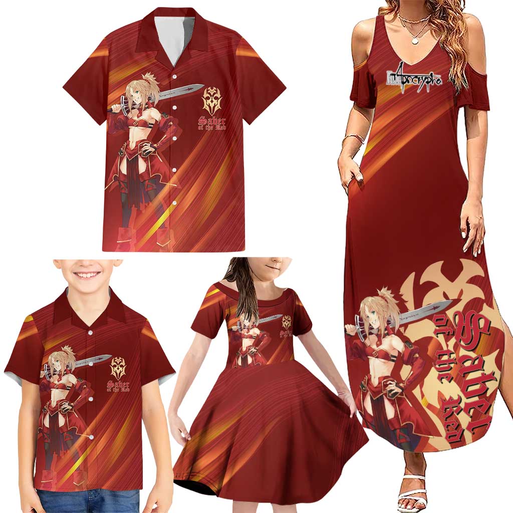 Saber of Red Fate Apocrypha Theme Family Matching Summer Maxi Dress and Hawaiian Shirt with Sword Pose and Fiery Red Gradient Graphic Design