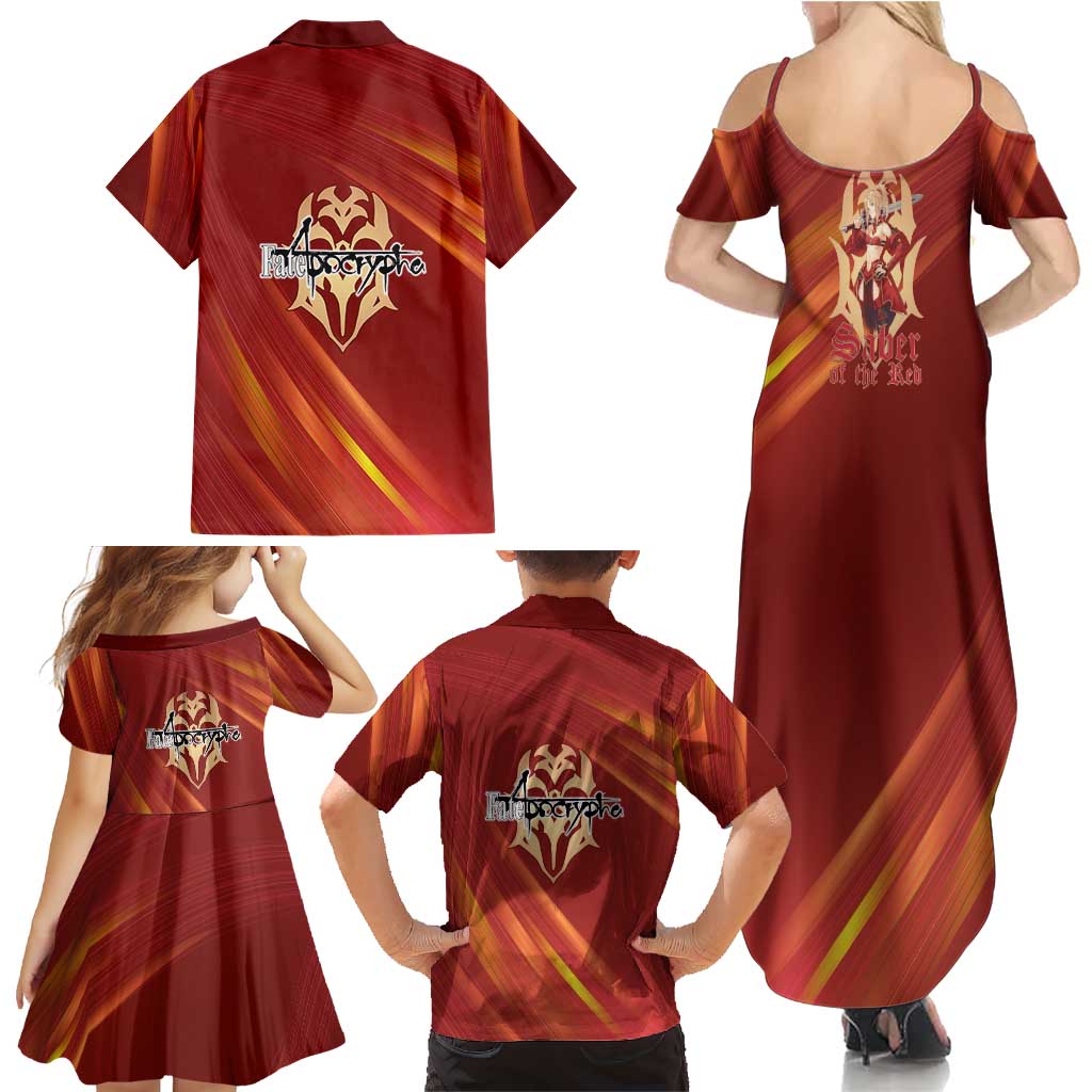Saber of Red Fate Apocrypha Theme Family Matching Summer Maxi Dress and Hawaiian Shirt with Sword Pose and Fiery Red Gradient Graphic Design