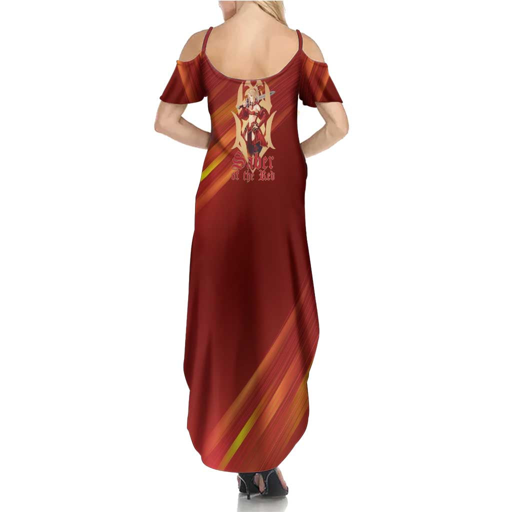Saber of Red Fate Apocrypha Theme Family Matching Summer Maxi Dress and Hawaiian Shirt with Sword Pose and Fiery Red Gradient Graphic Design