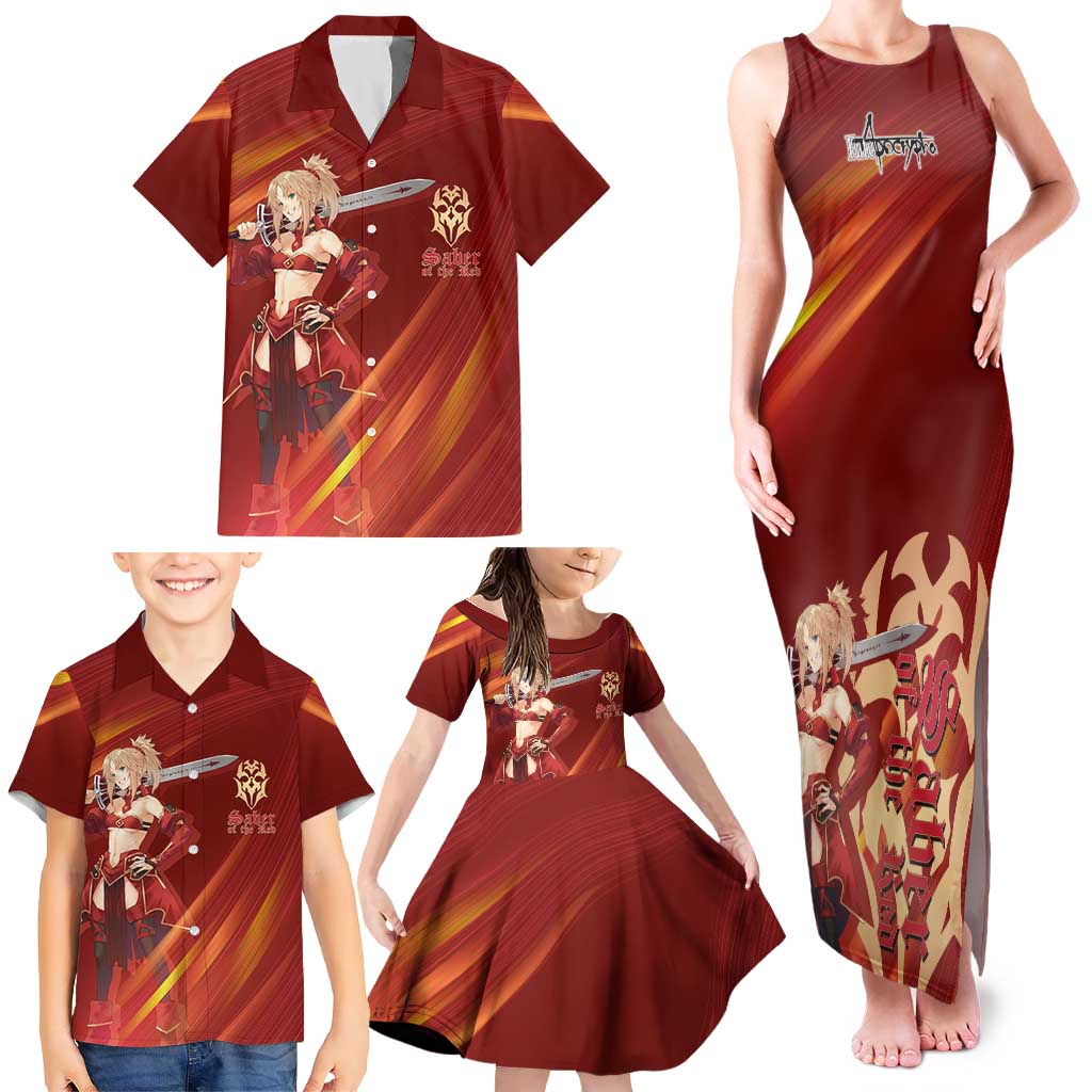 Saber of Red Fate Apocrypha Theme Family Matching Tank Maxi Dress and Hawaiian Shirt with Sword Pose and Fiery Red Gradient Graphic Design