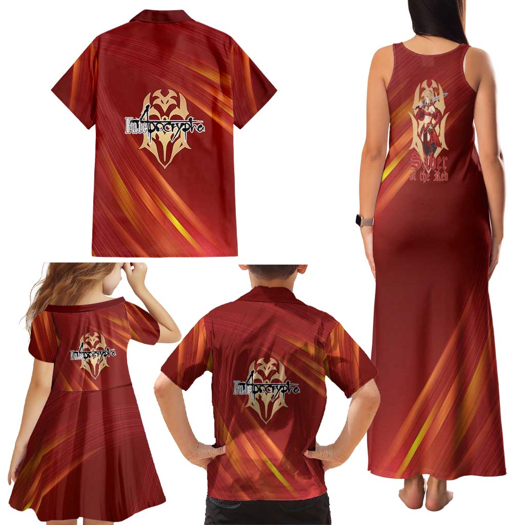 Saber of Red Fate Apocrypha Theme Family Matching Tank Maxi Dress and Hawaiian Shirt with Sword Pose and Fiery Red Gradient Graphic Design
