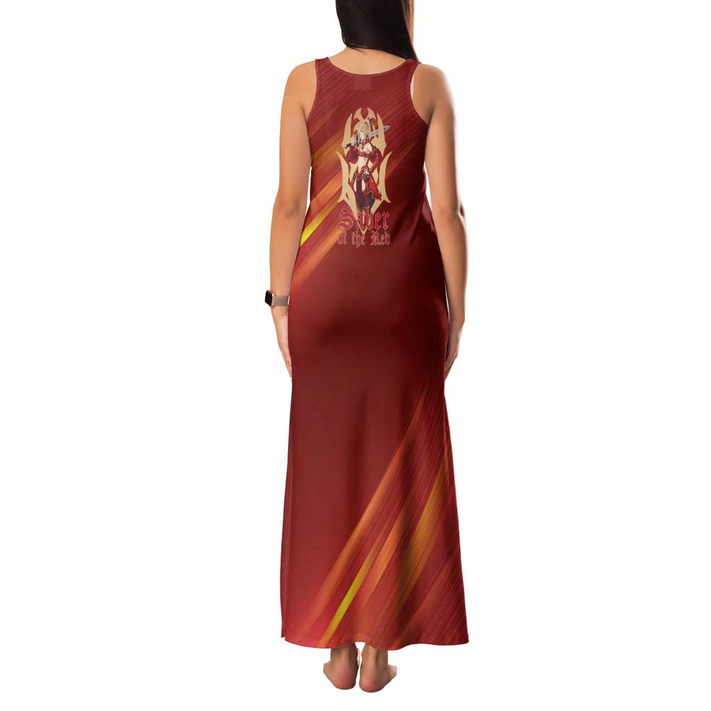 Saber of Red Fate Apocrypha Theme Family Matching Tank Maxi Dress and Hawaiian Shirt with Sword Pose and Fiery Red Gradient Graphic Design