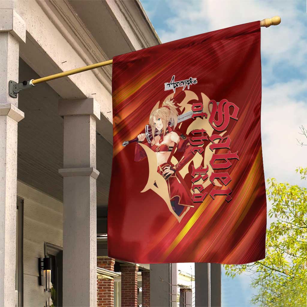 Saber of Red Fate Apocrypha Theme Garden Flag with Sword Pose and Fiery Red Gradient Graphic Design - The Mazicc