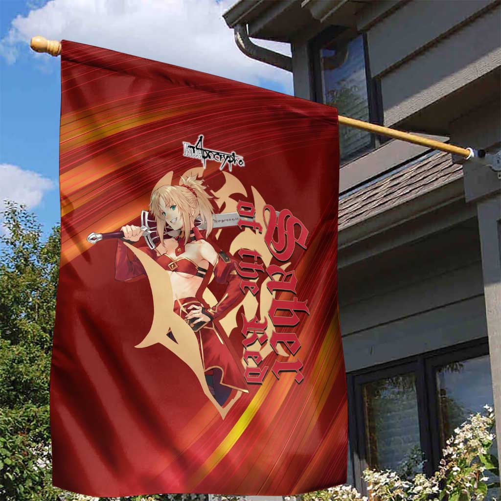Saber of Red Fate Apocrypha Theme Garden Flag with Sword Pose and Fiery Red Gradient Graphic Design - The Mazicc
