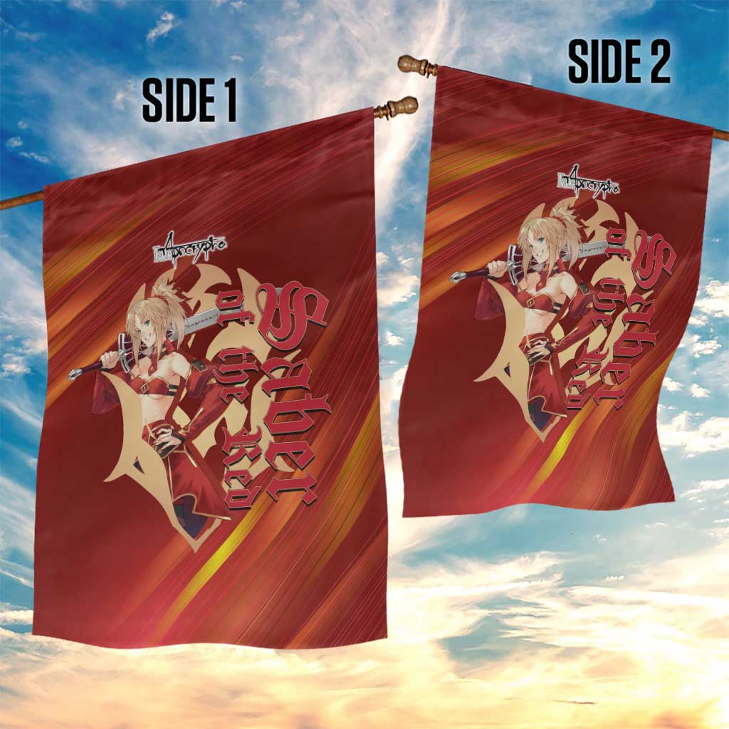 Saber of Red Fate Apocrypha Theme Garden Flag with Sword Pose and Fiery Red Gradient Graphic Design - The Mazicc