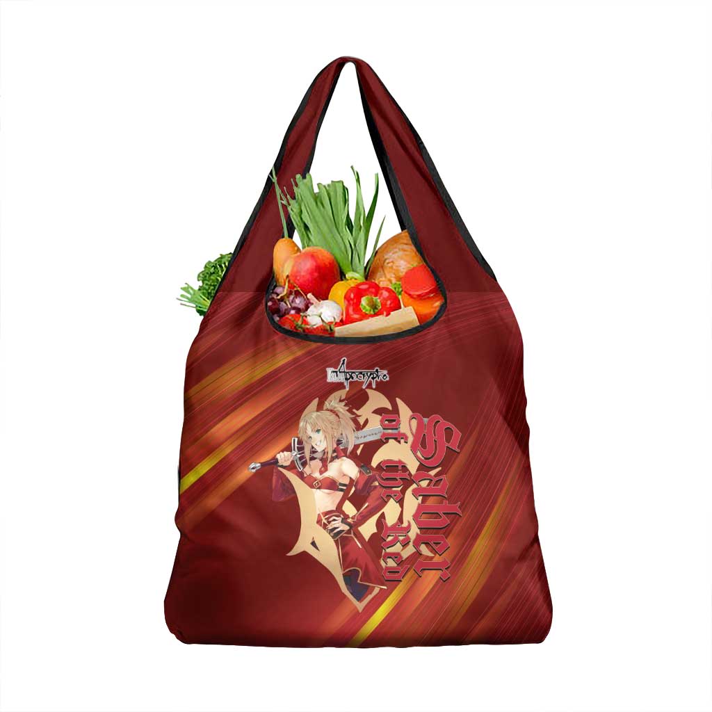 Saber of Red Fate Apocrypha Theme Grocery Bag with Sword Pose and Fiery Red Gradient Graphic Design - The Mazicc