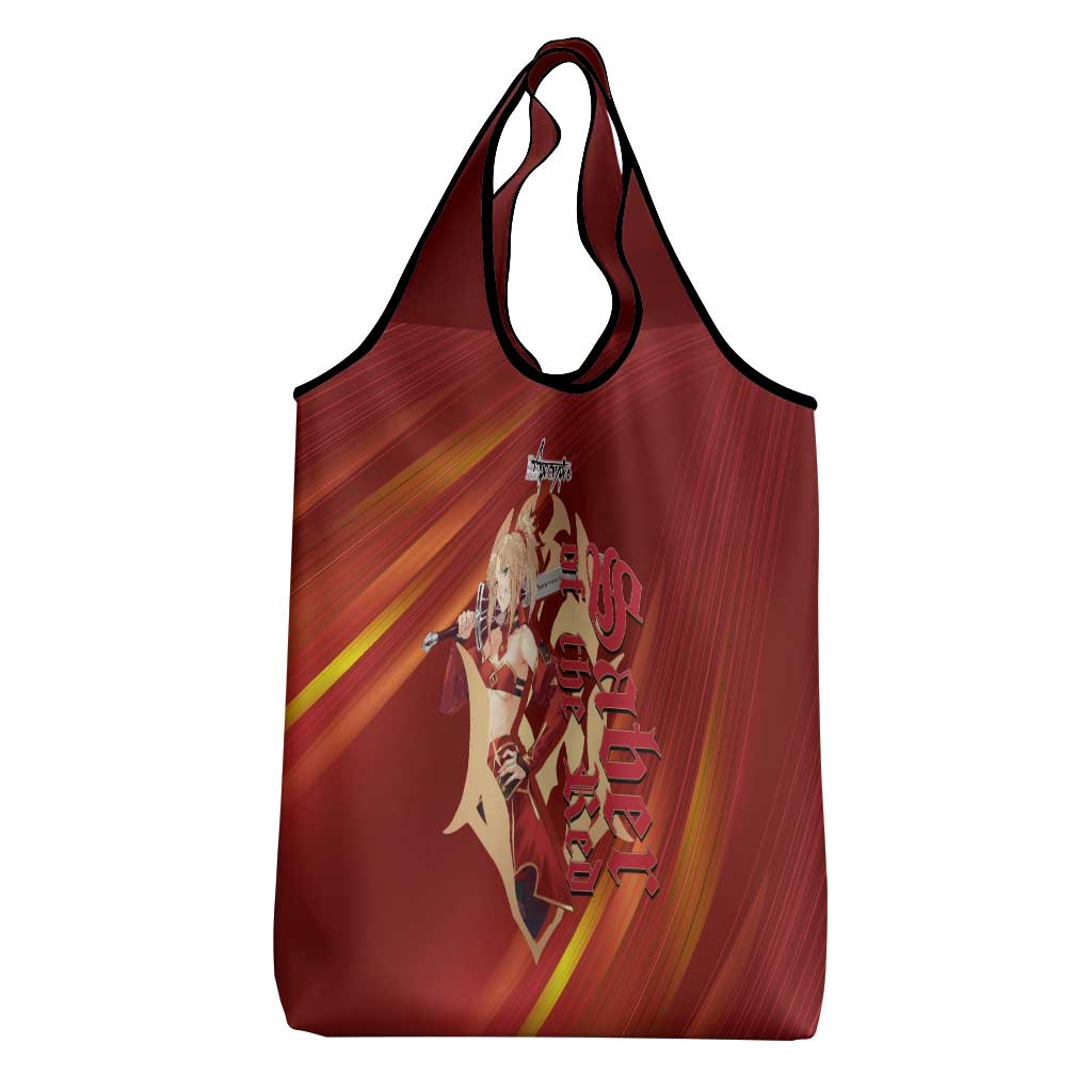 Saber of Red Fate Apocrypha Theme Grocery Bag with Sword Pose and Fiery Red Gradient Graphic Design - The Mazicc