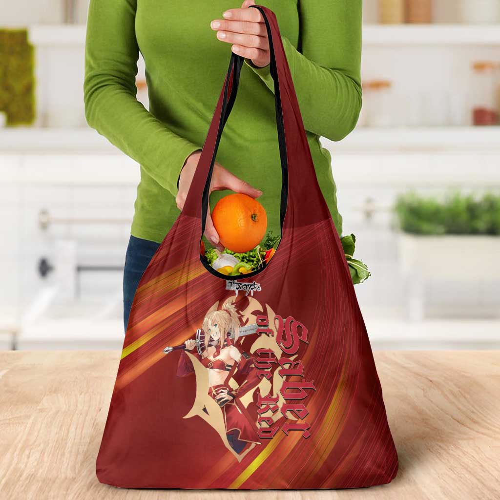 Saber of Red Fate Apocrypha Theme Grocery Bag with Sword Pose and Fiery Red Gradient Graphic Design - The Mazicc