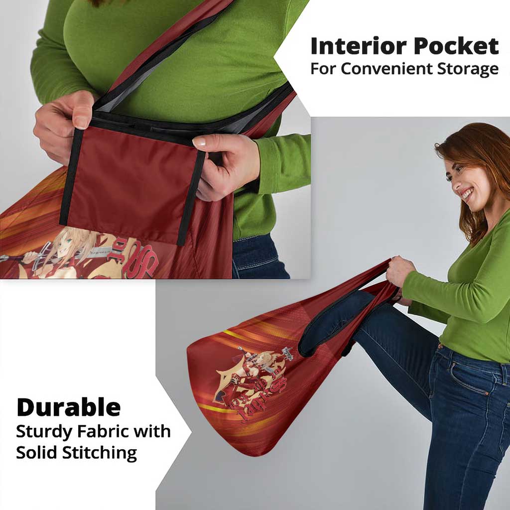 Saber of Red Fate Apocrypha Theme Grocery Bag with Sword Pose and Fiery Red Gradient Graphic Design - The Mazicc