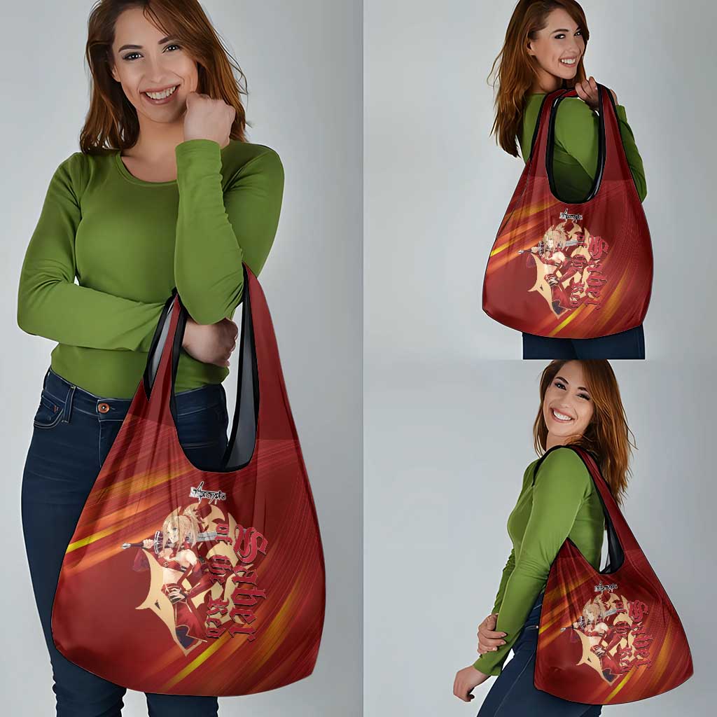 Saber of Red Fate Apocrypha Theme Grocery Bag with Sword Pose and Fiery Red Gradient Graphic Design - The Mazicc