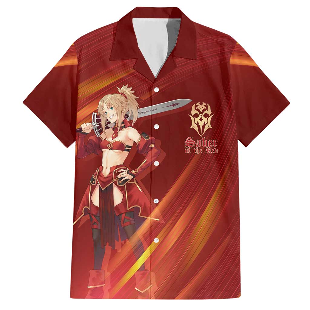 Saber of Red Fate Apocrypha Theme Hawaiian Shirt with Sword Pose and Fiery Red Gradient Graphic Design - The Mazicc
