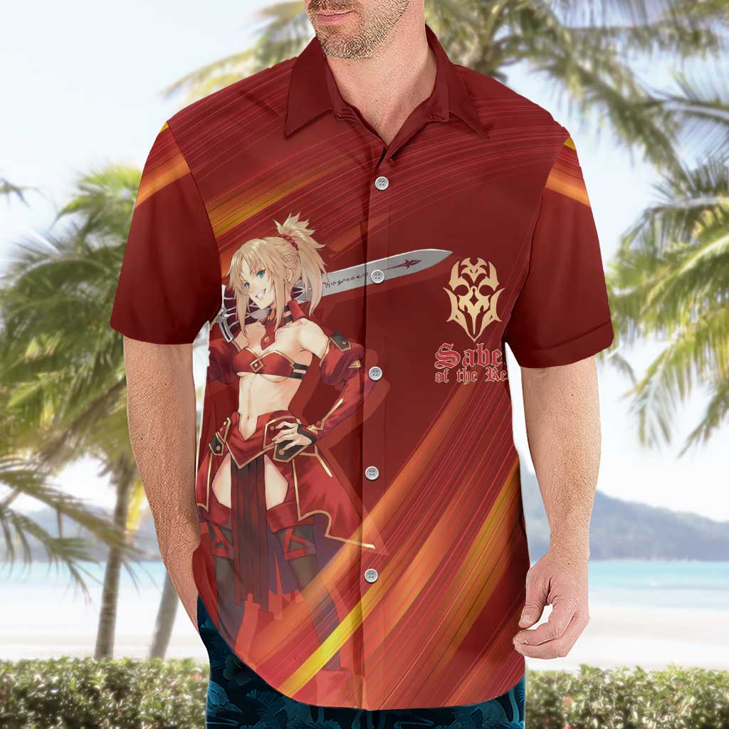 Saber of Red Fate Apocrypha Theme Hawaiian Shirt with Sword Pose and Fiery Red Gradient Graphic Design - The Mazicc