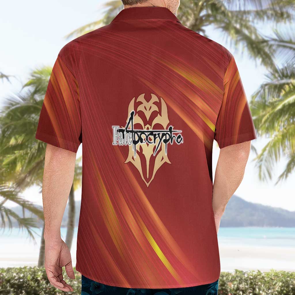 Saber of Red Fate Apocrypha Theme Hawaiian Shirt with Sword Pose and Fiery Red Gradient Graphic Design - The Mazicc