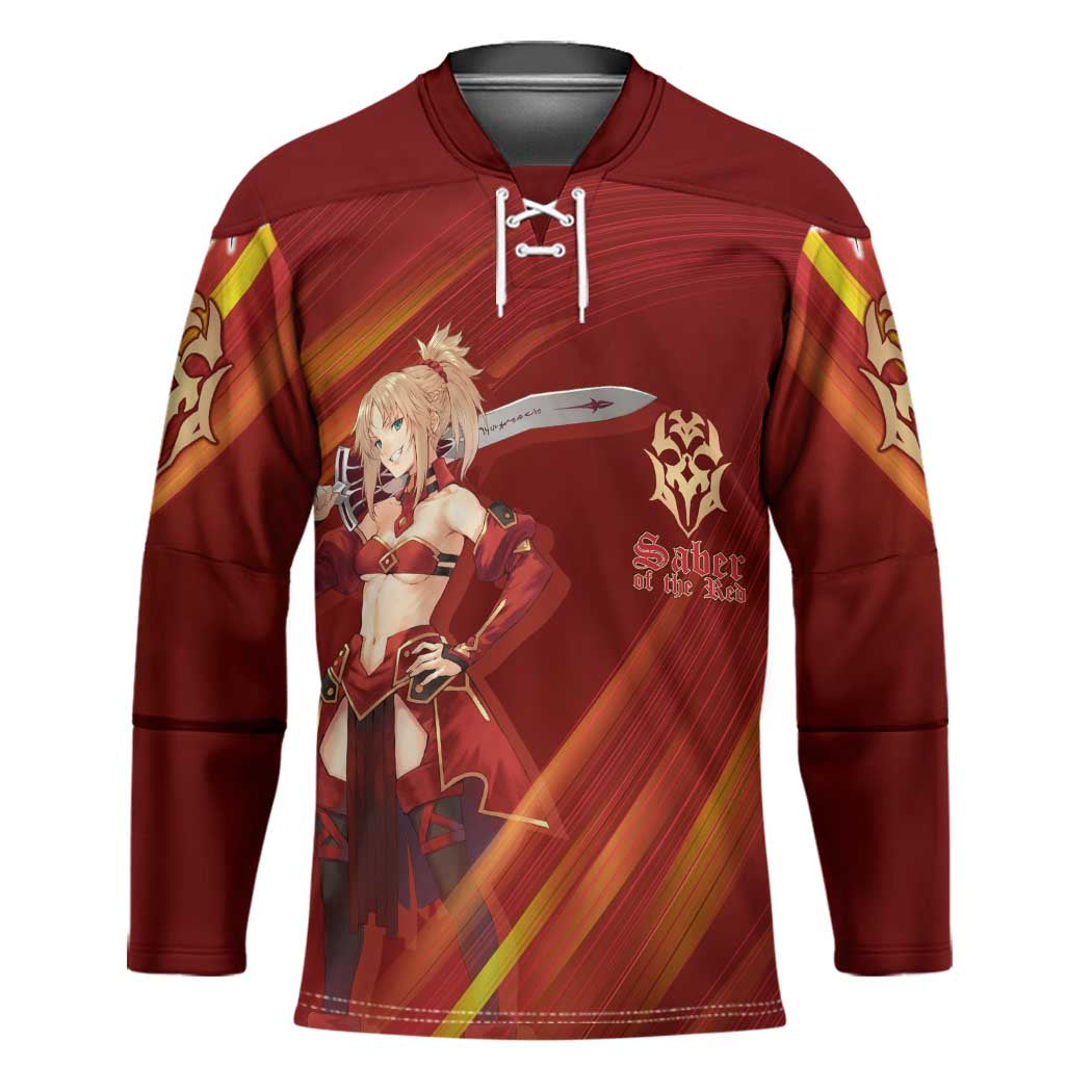 Saber of Red Fate Apocrypha Theme Hockey Jersey with Sword Pose and Fiery Red Gradient Graphic Design - The Mazicc