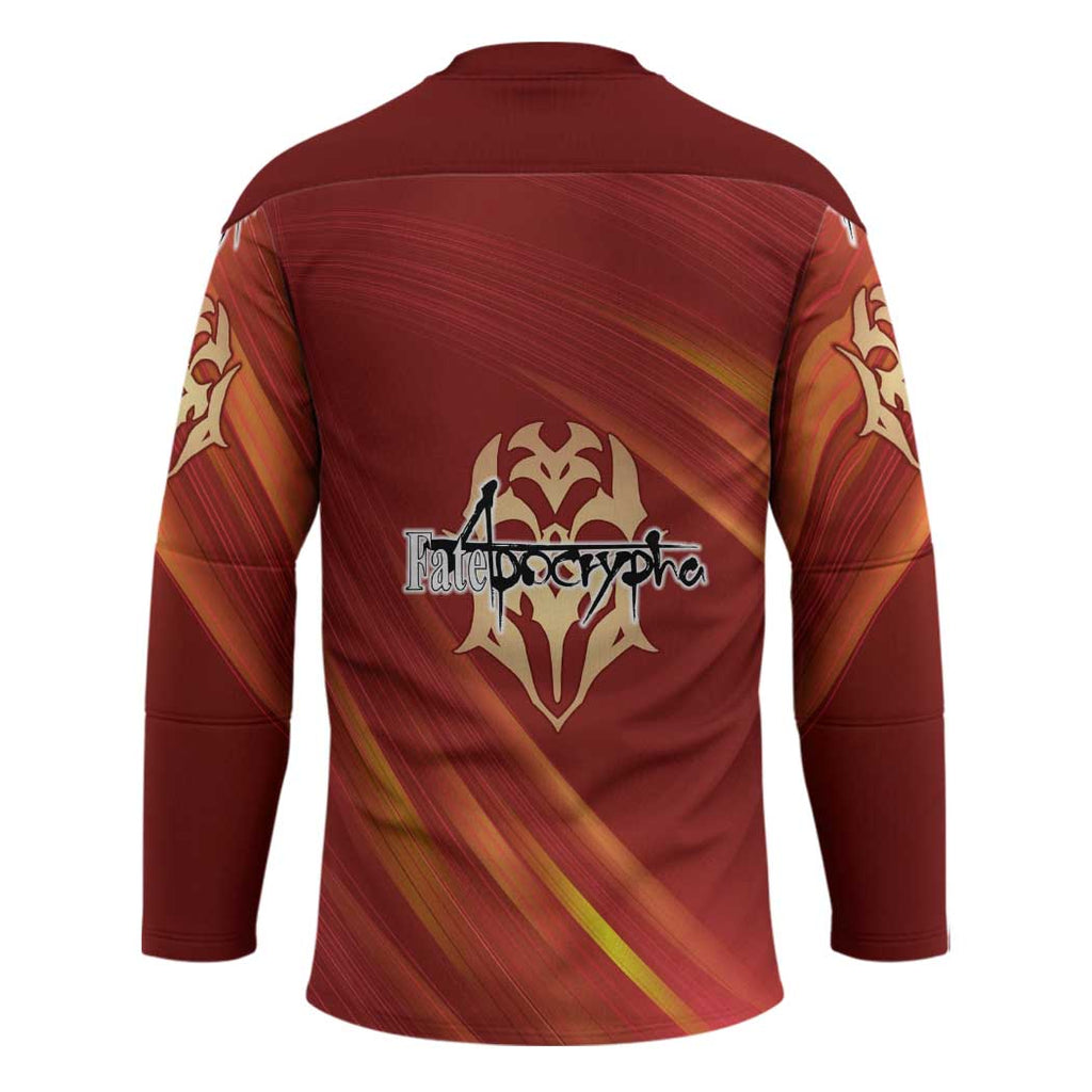 Saber of Red Fate Apocrypha Theme Hockey Jersey with Sword Pose and Fiery Red Gradient Graphic Design - The Mazicc