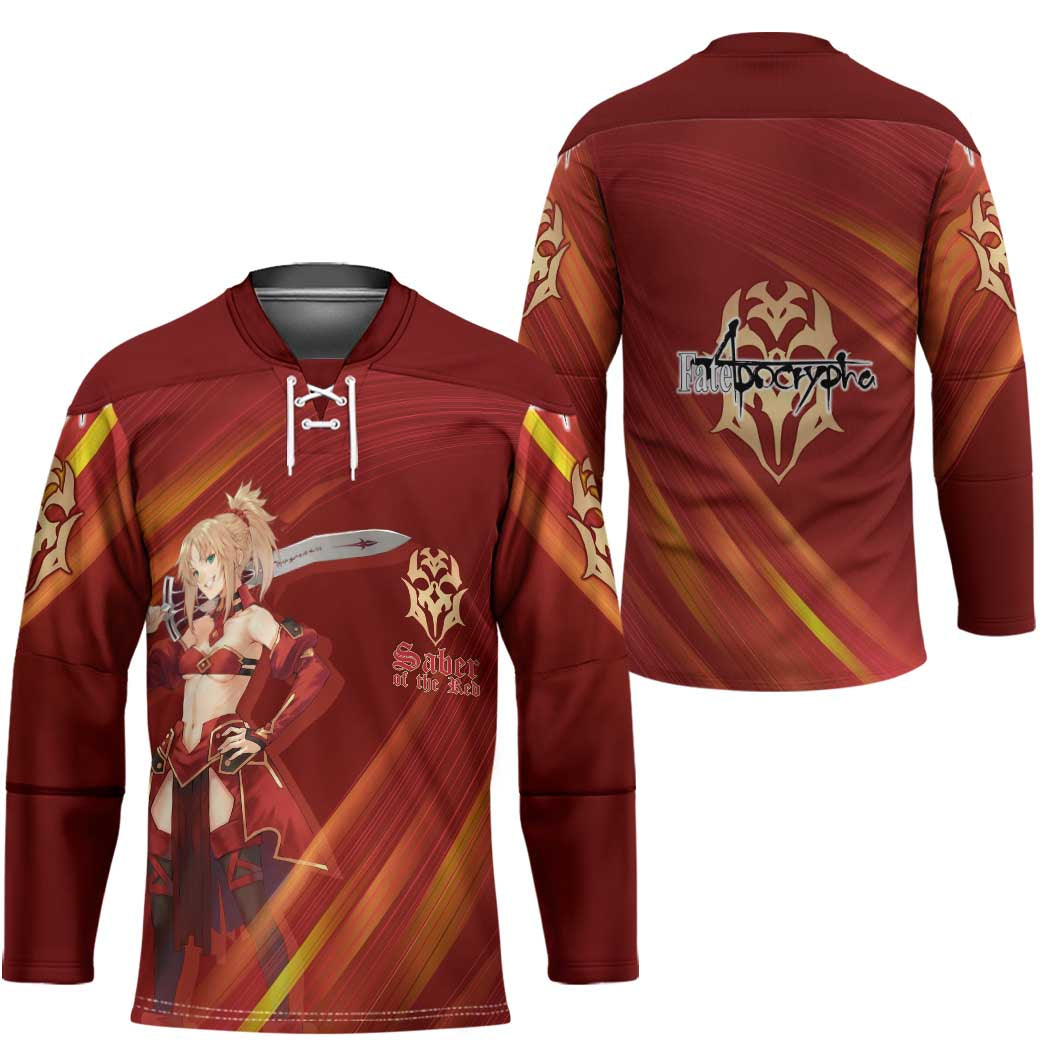 Saber of Red Fate Apocrypha Theme Hockey Jersey with Sword Pose and Fiery Red Gradient Graphic Design - The Mazicc
