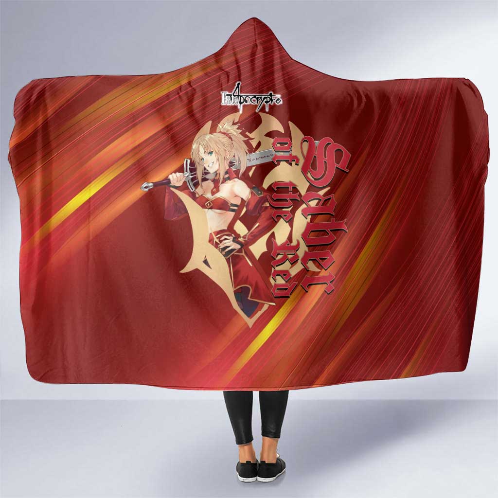 Saber of Red Fate Apocrypha Theme Hooded Blanket with Sword Pose and Fiery Red Gradient Graphic Design - The Mazicc