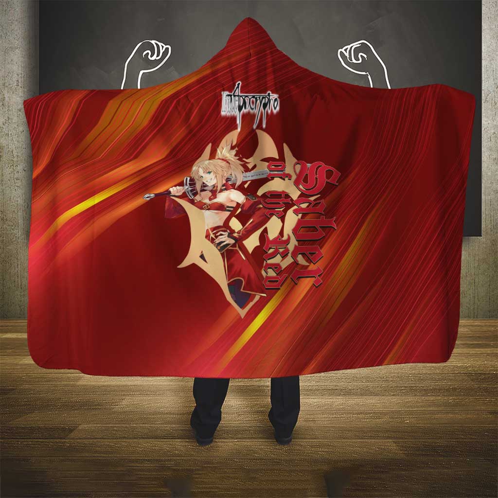 Saber of Red Fate Apocrypha Theme Hooded Blanket with Sword Pose and Fiery Red Gradient Graphic Design - The Mazicc