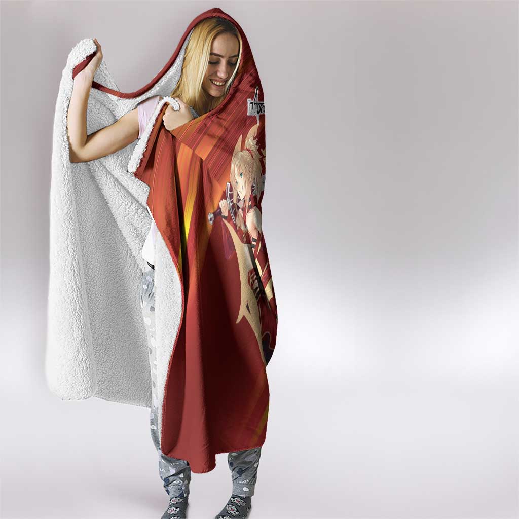 Saber of Red Fate Apocrypha Theme Hooded Blanket with Sword Pose and Fiery Red Gradient Graphic Design - The Mazicc