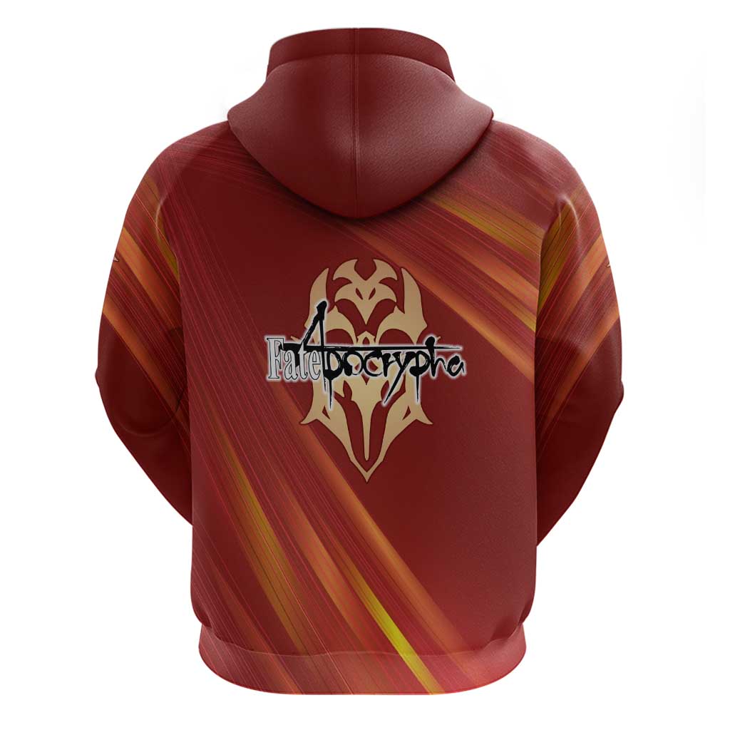 Saber of Red Fate Apocrypha Theme Hoodie with Sword Pose and Fiery Red Gradient Graphic Design - The Mazicc