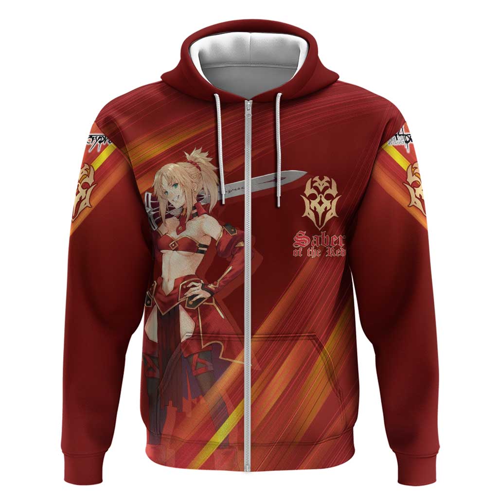 Saber of Red Fate Apocrypha Theme Hoodie with Sword Pose and Fiery Red Gradient Graphic Design - The Mazicc