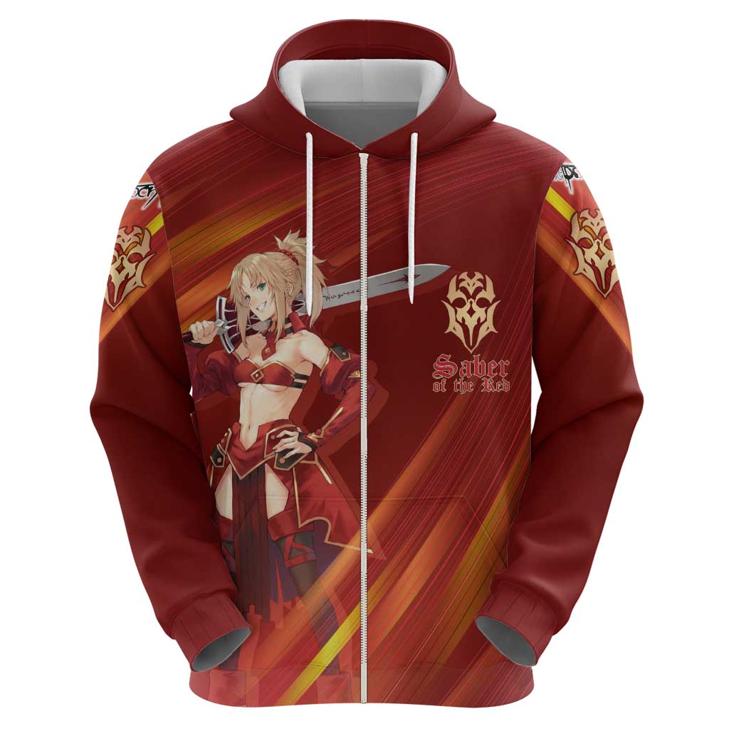 Saber of Red Fate Apocrypha Theme Hoodie with Sword Pose and Fiery Red Gradient Graphic Design - The Mazicc