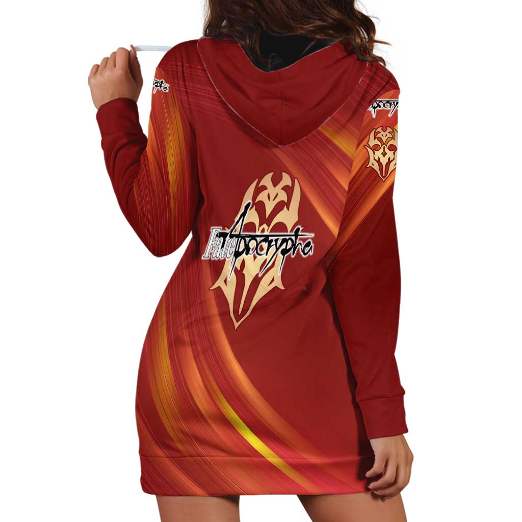 Saber of Red Fate Apocrypha Theme Hoodie Dress with Sword Pose and Fiery Red Gradient Graphic Design - The Mazicc