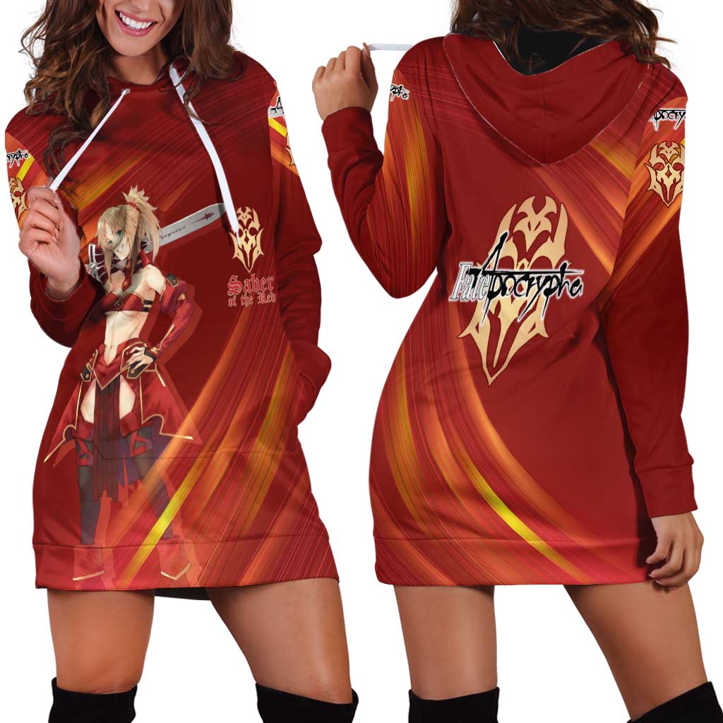 Saber of Red Fate Apocrypha Theme Hoodie Dress with Sword Pose and Fiery Red Gradient Graphic Design - The Mazicc