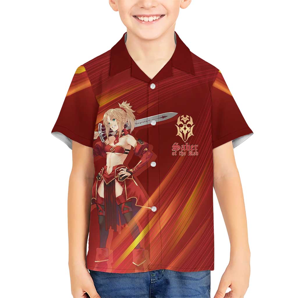 Saber of Red Fate Apocrypha Theme Kid Hawaiian Shirt with Sword Pose and Fiery Red Gradient Graphic Design - The Mazicc