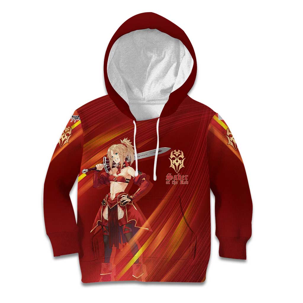 Saber of Red Fate Apocrypha Theme Kid Hoodie with Sword Pose and Fiery Red Gradient Graphic Design - The Mazicc