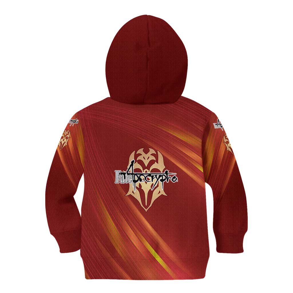 Saber of Red Fate Apocrypha Theme Kid Hoodie with Sword Pose and Fiery Red Gradient Graphic Design - The Mazicc