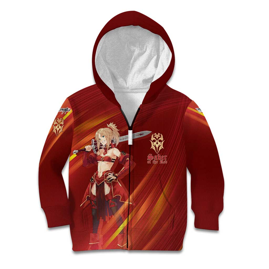 Saber of Red Fate Apocrypha Theme Kid Hoodie with Sword Pose and Fiery Red Gradient Graphic Design - The Mazicc