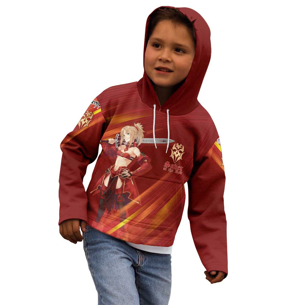 Saber of Red Fate Apocrypha Theme Kid Hoodie with Sword Pose and Fiery Red Gradient Graphic Design - The Mazicc